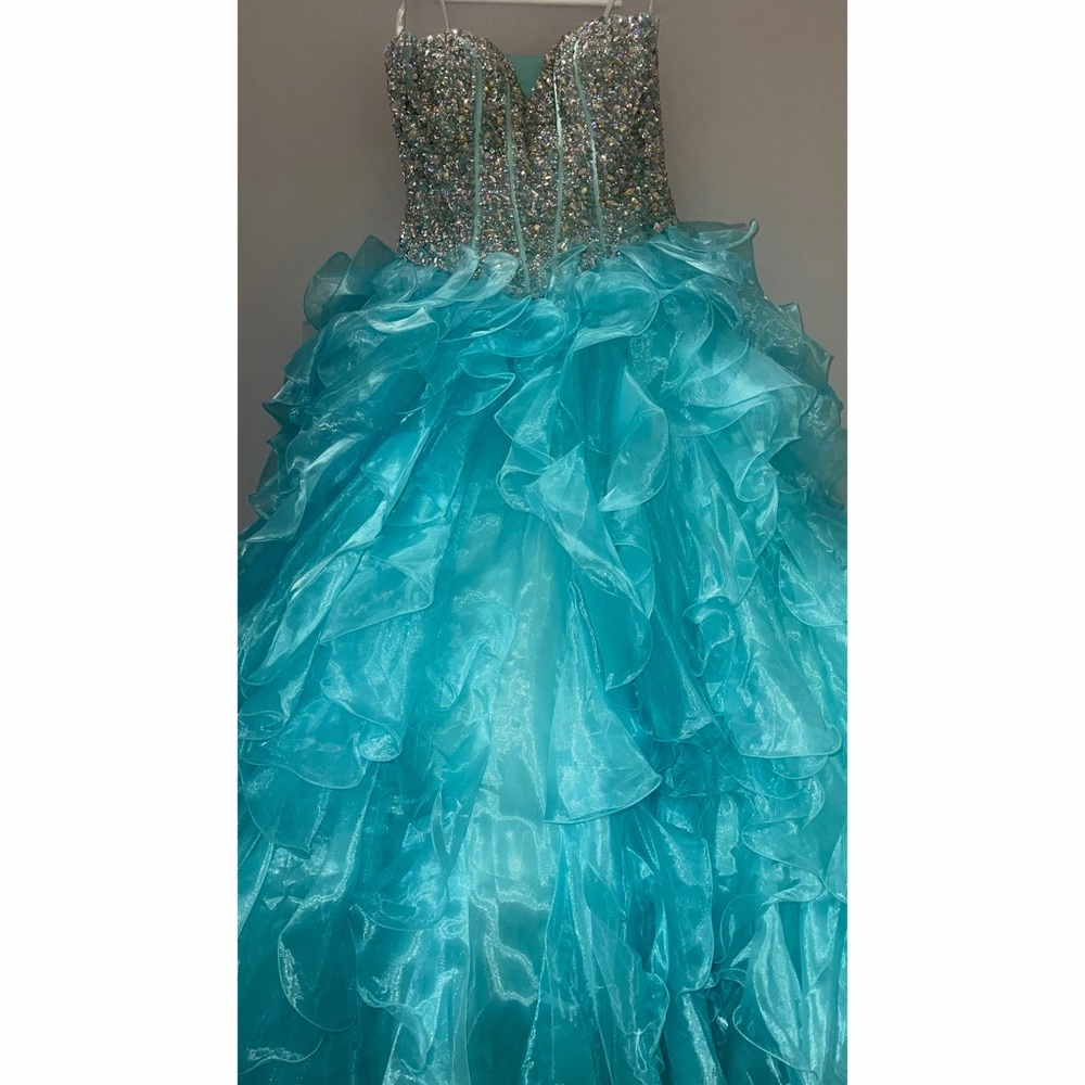 Turquoise quinceanera gown, strapless, beaded bodice, corset back,